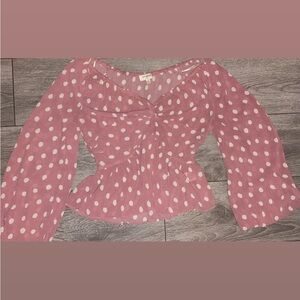 Umgee Size Small Long Sleeved Blouse Pink White Polka Dot Neck Dressy EUC